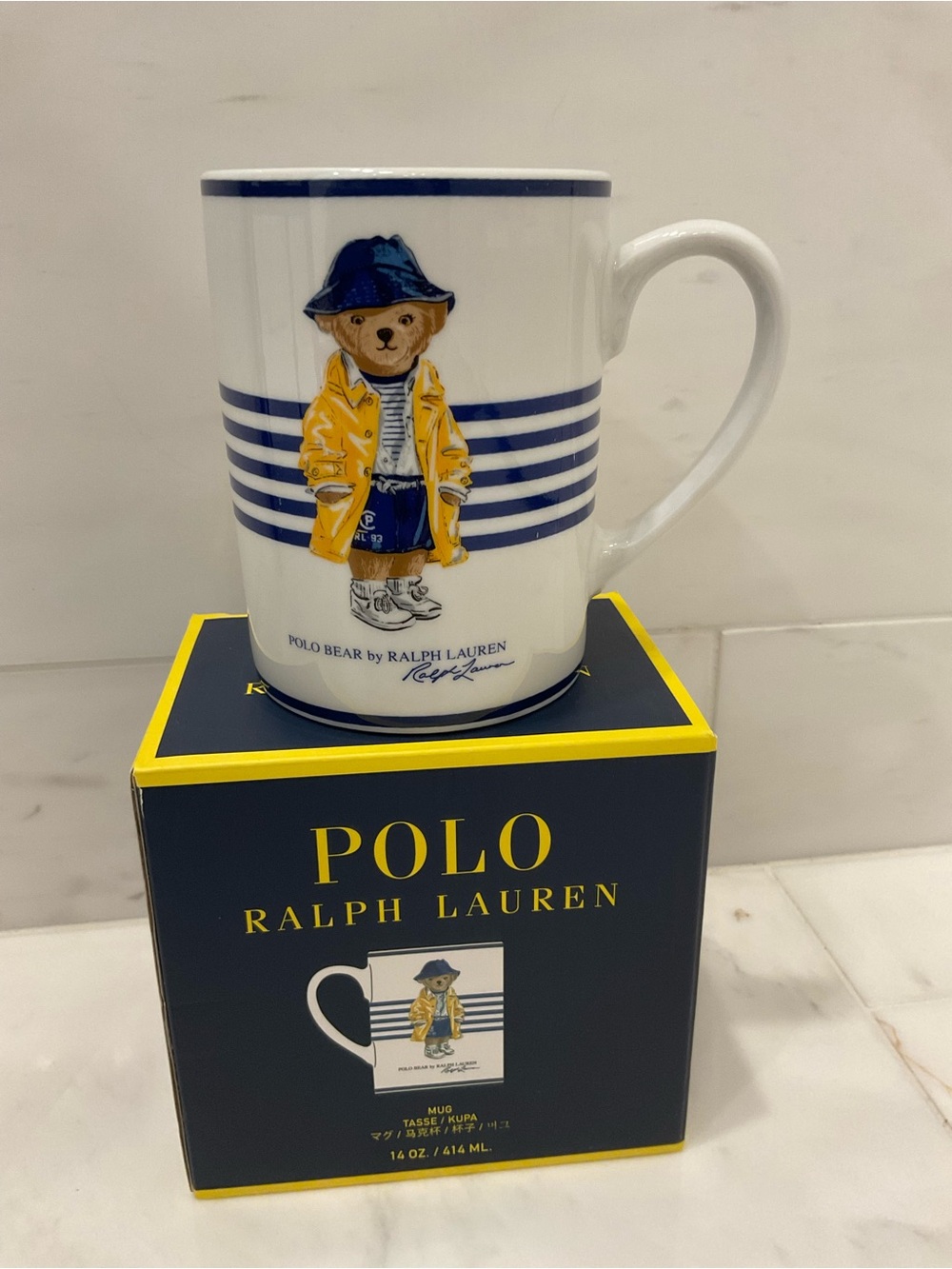 NEW Polo Ralph Lauren 14oz YELLOW RAINCOAT BEAR Porcelain Coffee Tea Mug